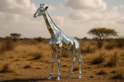 Geometric Mirror Giraffe Sculpture In African Savanna