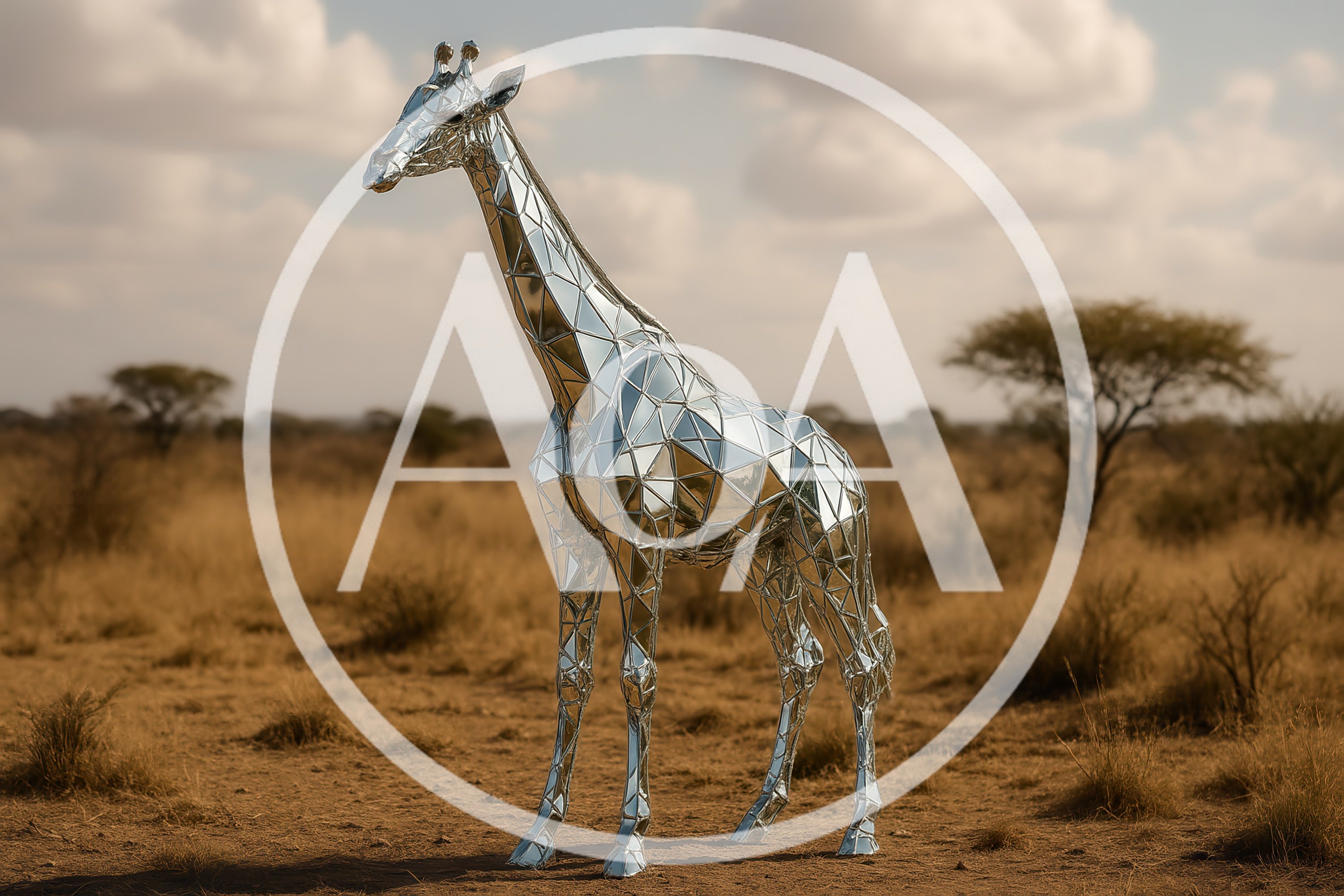 Geometric Mirror Giraffe Sculpture In African Savanna