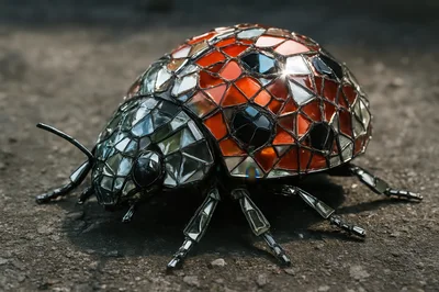 Stained Glass Mosaic Ladybug Sculpture on Concrete Surface