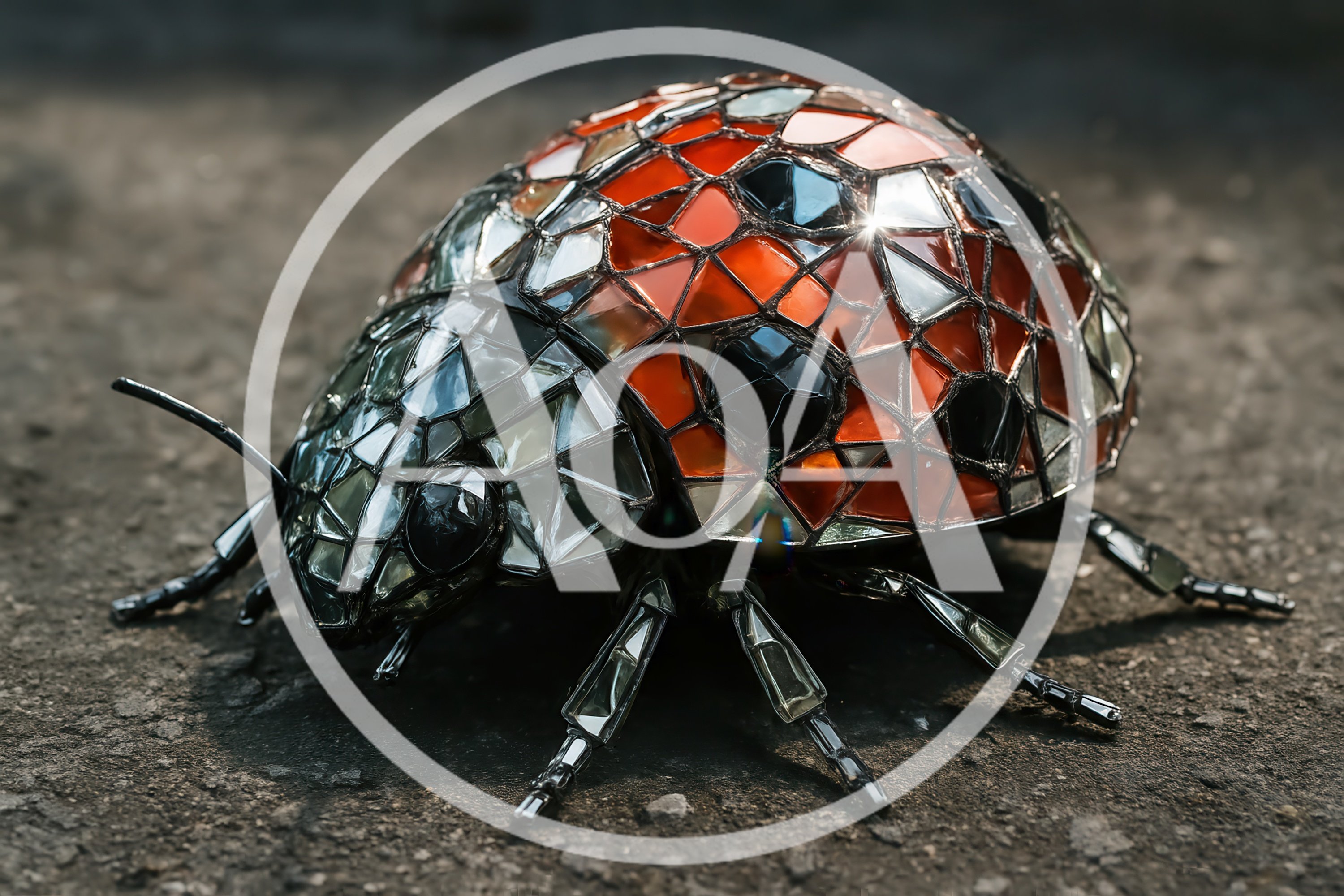 Stained Glass Mosaic Ladybug Sculpture on Concrete Surface