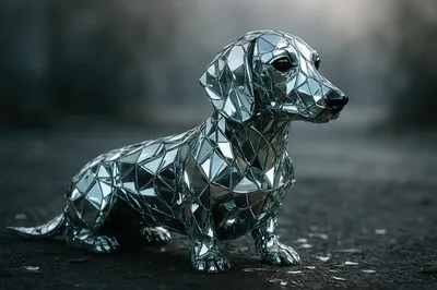 Mirrored Geometric Dachshund Sculpture On Dark Ground