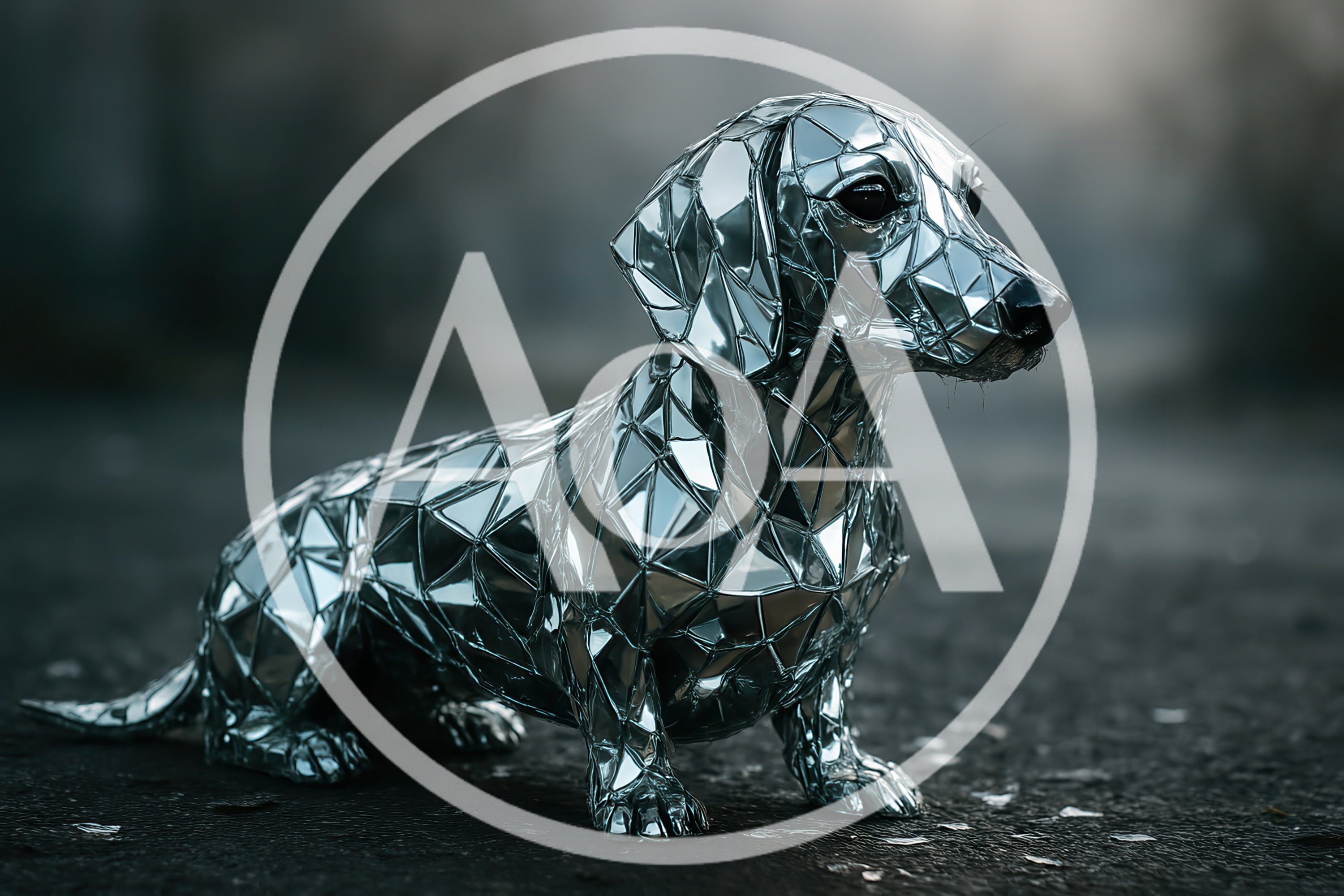 Mirrored Geometric Dachshund Sculpture On Dark Ground