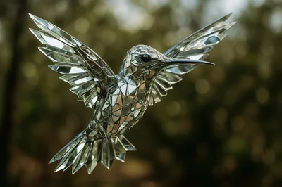 Crystal Hummingbird Sculpture Floating In Mid Air