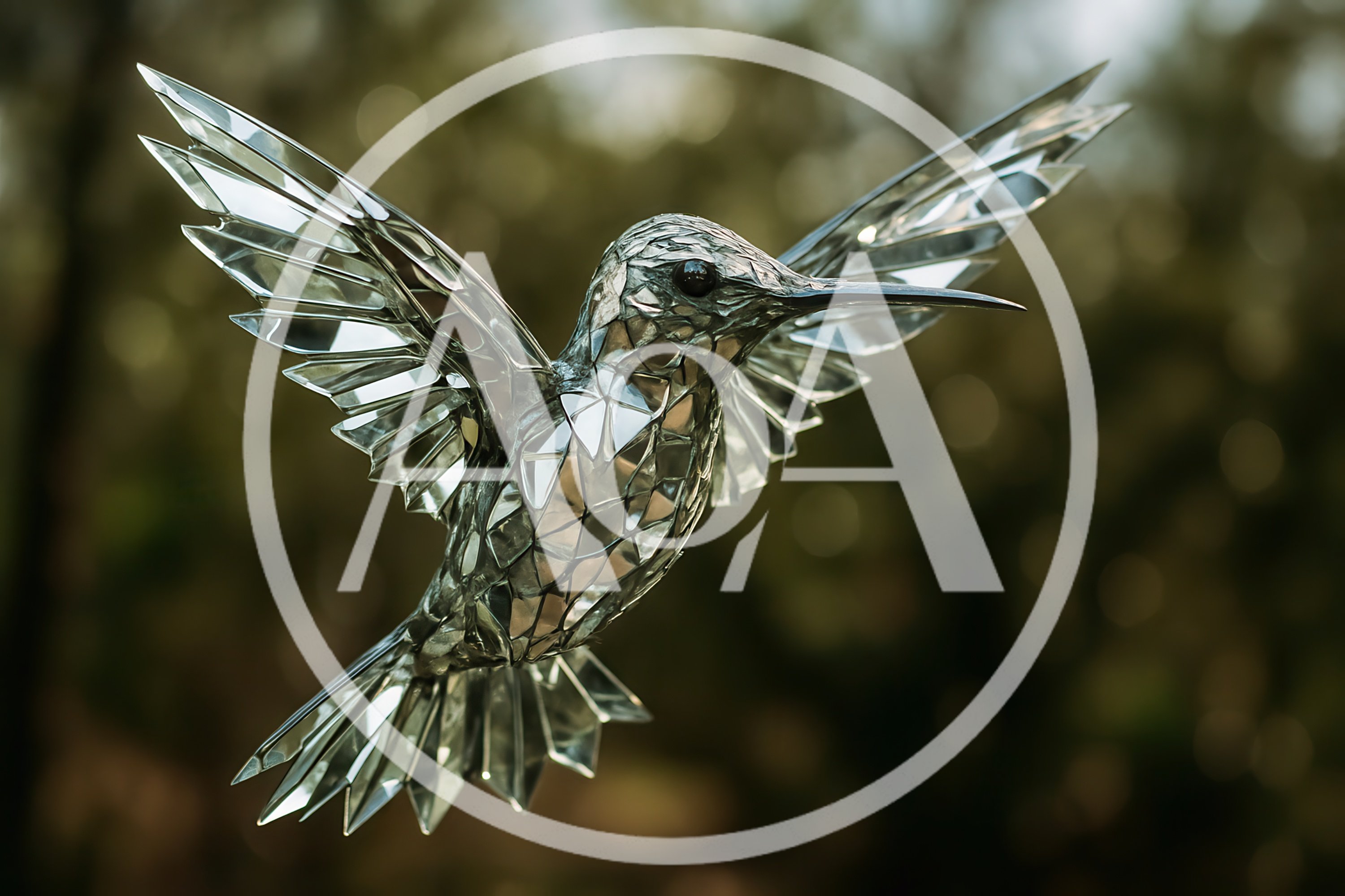 Crystal Hummingbird Sculpture Floating In Mid Air