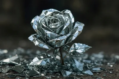 Metallic Mirror Rose Sculpture Surrounded By Shattered Glass