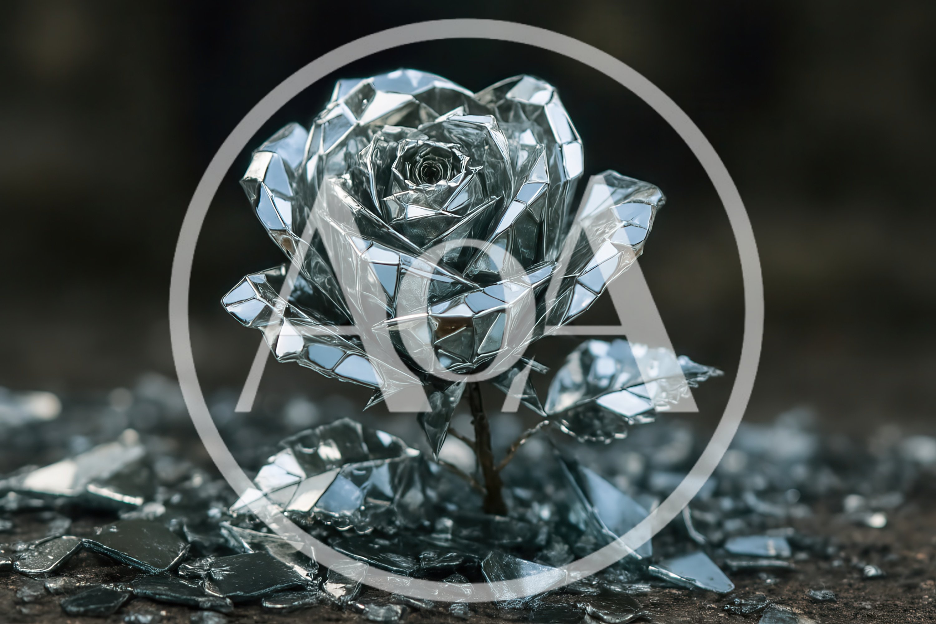Metallic Mirror Rose Sculpture Surrounded By Shattered Glass