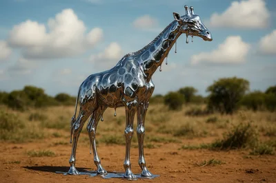 Liquid Chrome Giraffe Sculpture In African Savanna