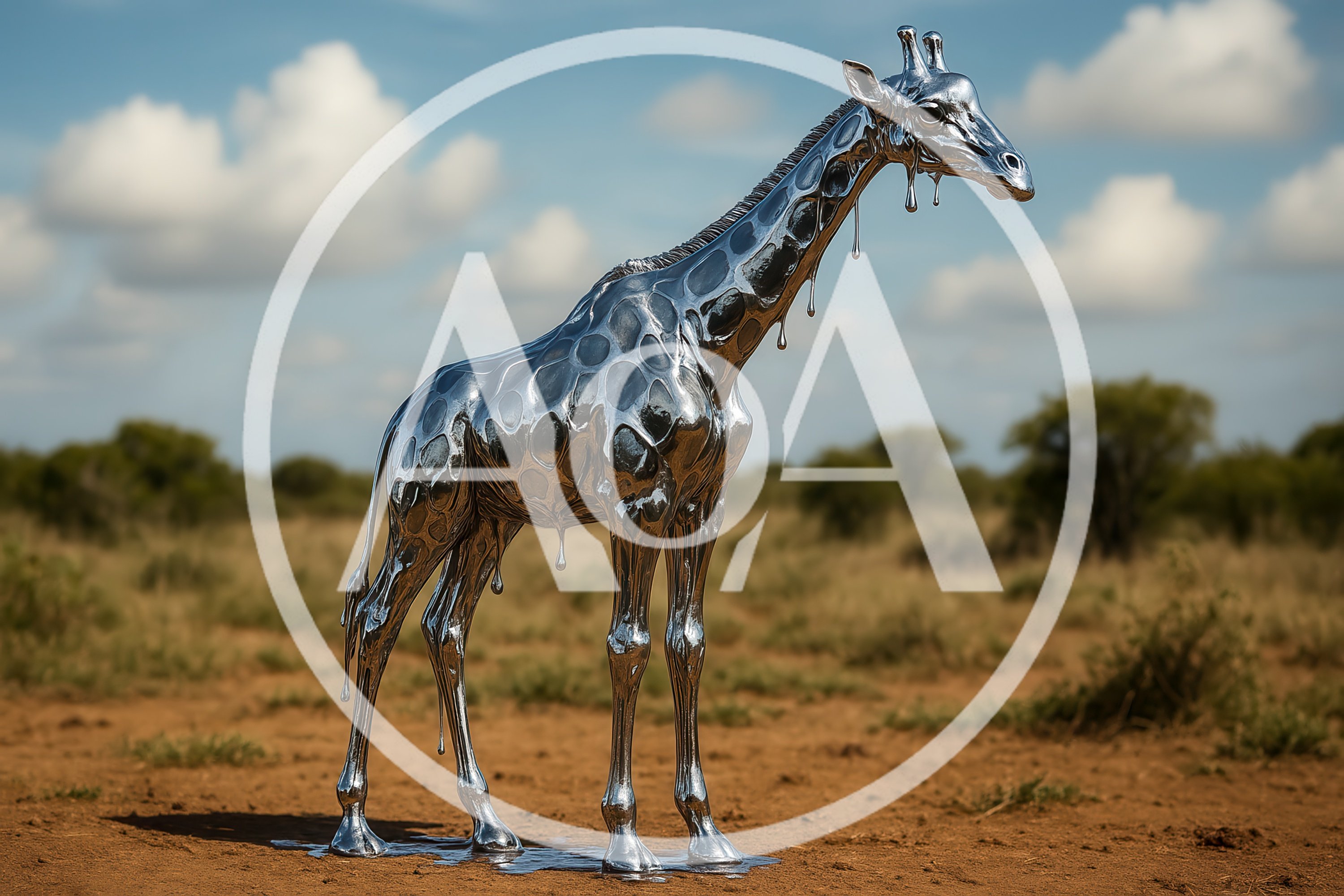 Liquid Chrome Giraffe Sculpture In African Savanna