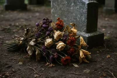Dried Flower Bouquet Resting On A Grave Marker