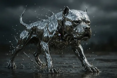 Liquid Metal Pitbull Dog Standing In Rain