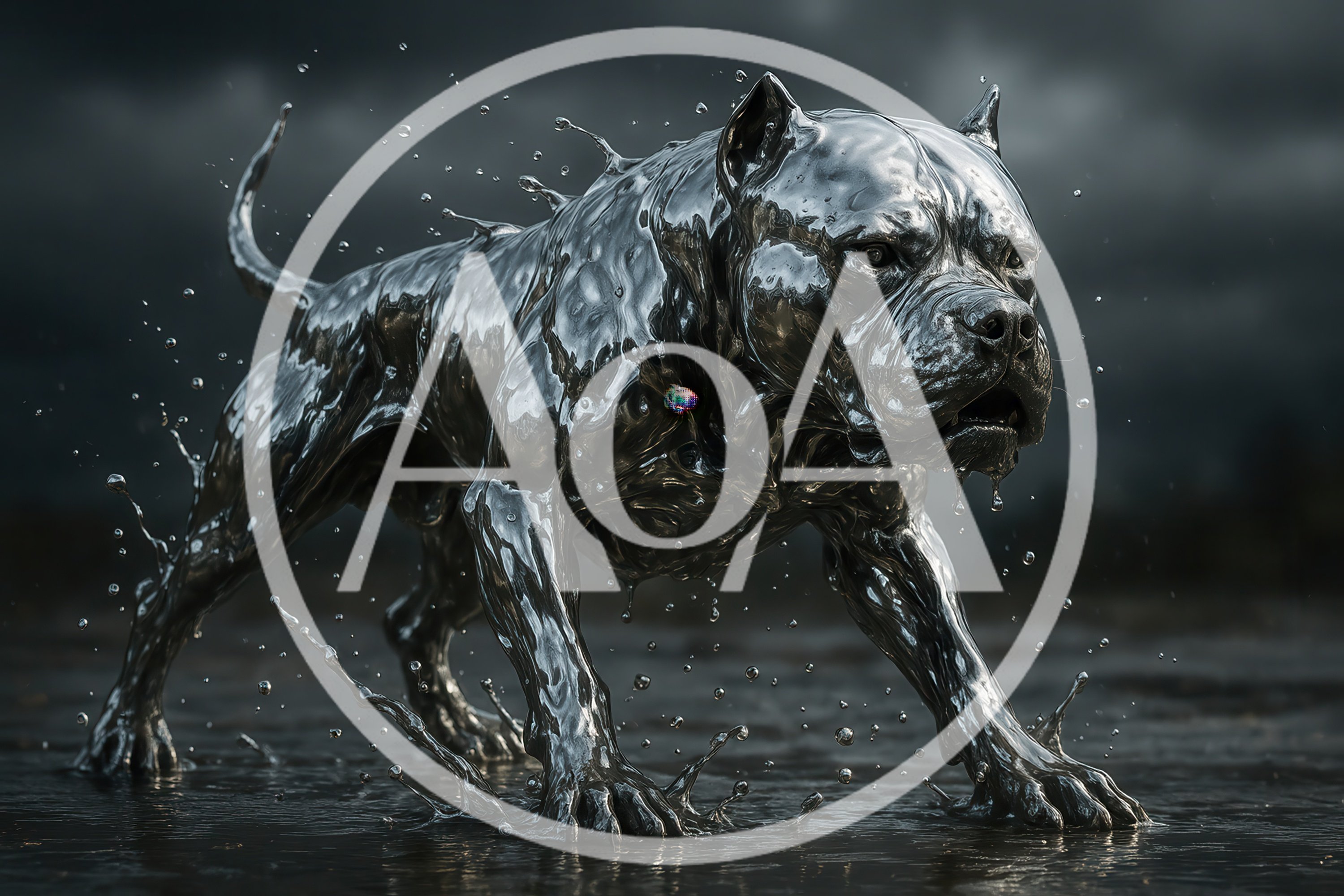 Liquid Metal Pitbull Dog Standing In Rain
