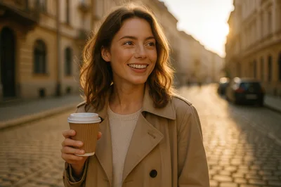 Young Woman Walking Through City Street With Coffee