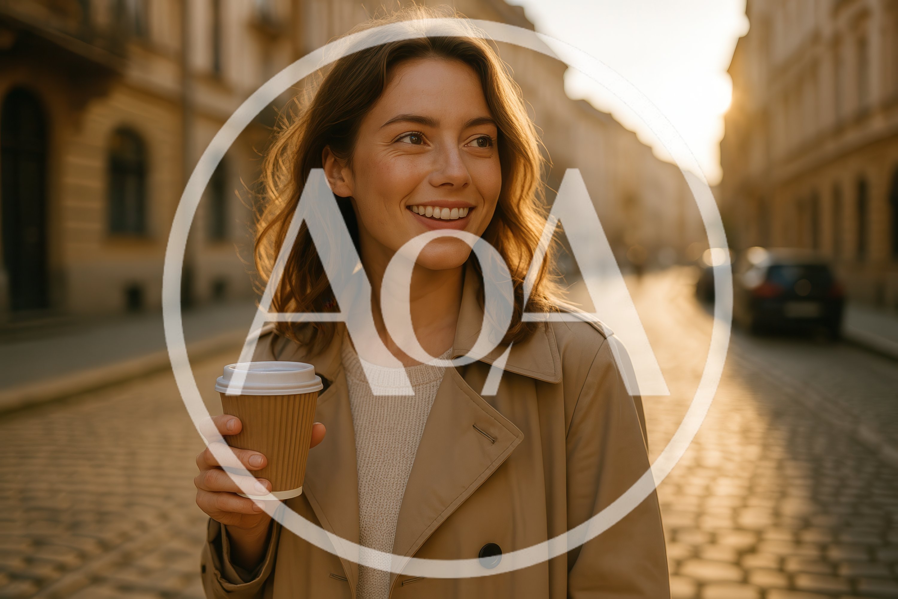 Young Woman Walking Through City Street With Coffee