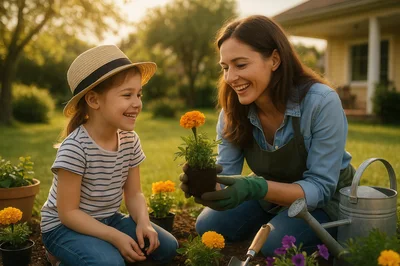Mother and Daughter Gardening Together in Sunny Backyard