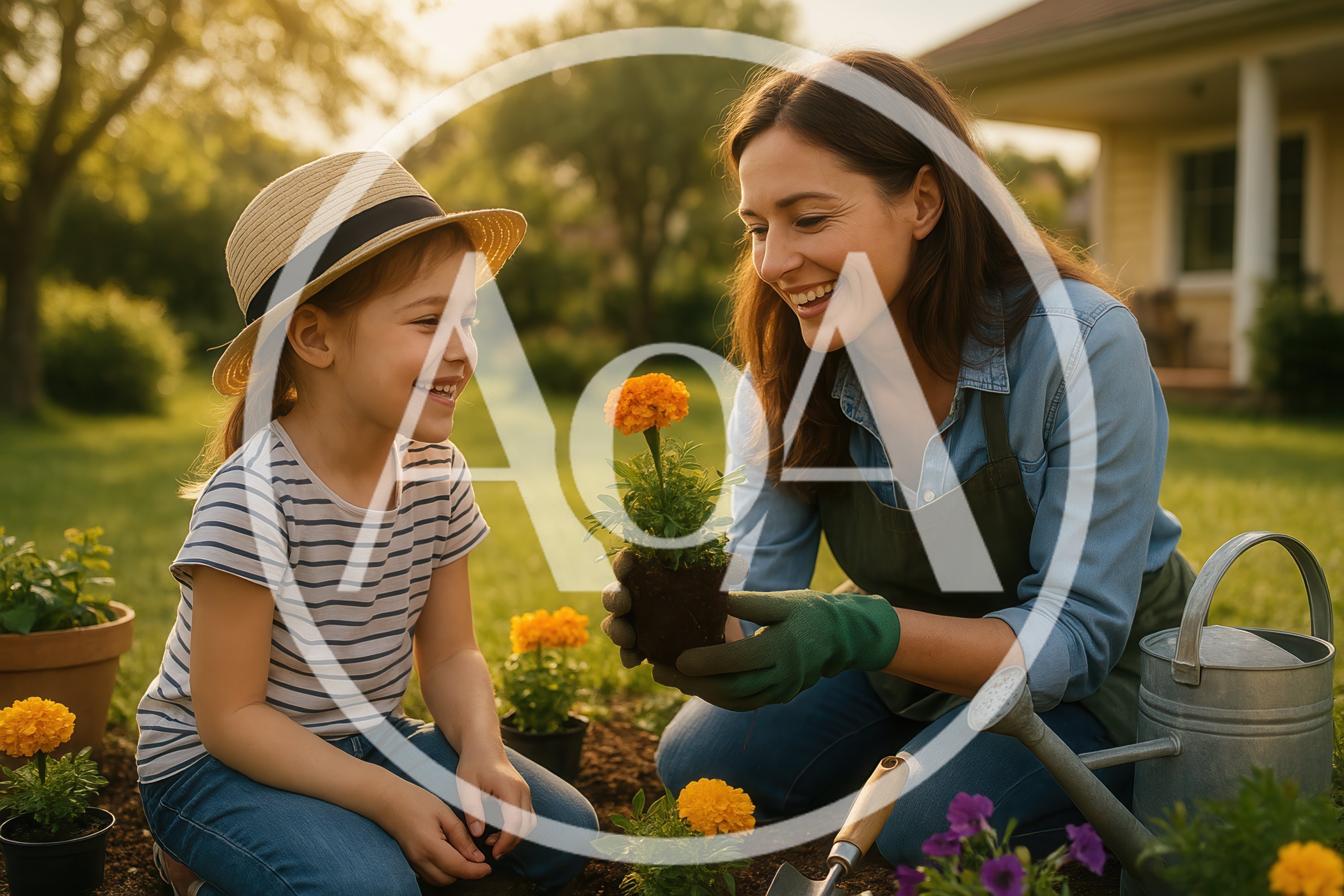 Mother and Daughter Gardening Together in Sunny Backyard