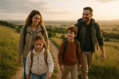 Happy Family Hiking Together On A Countryside Trail