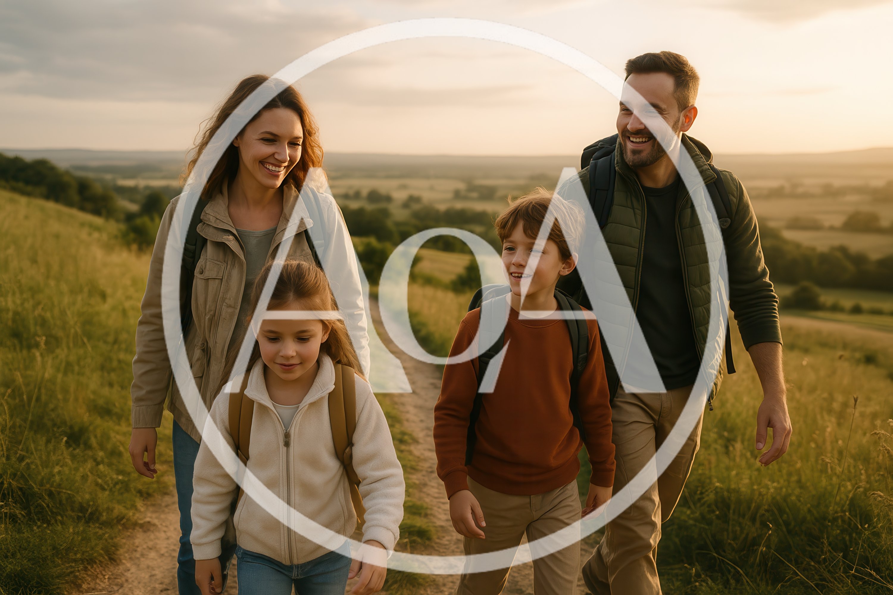 Happy Family Hiking Together On A Countryside Trail