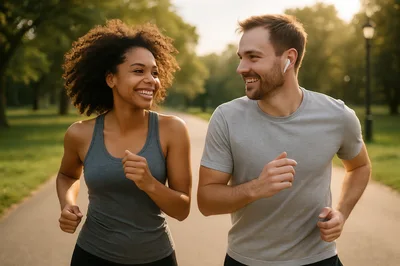 Happy Couple Jogging Together In A Sunny Park