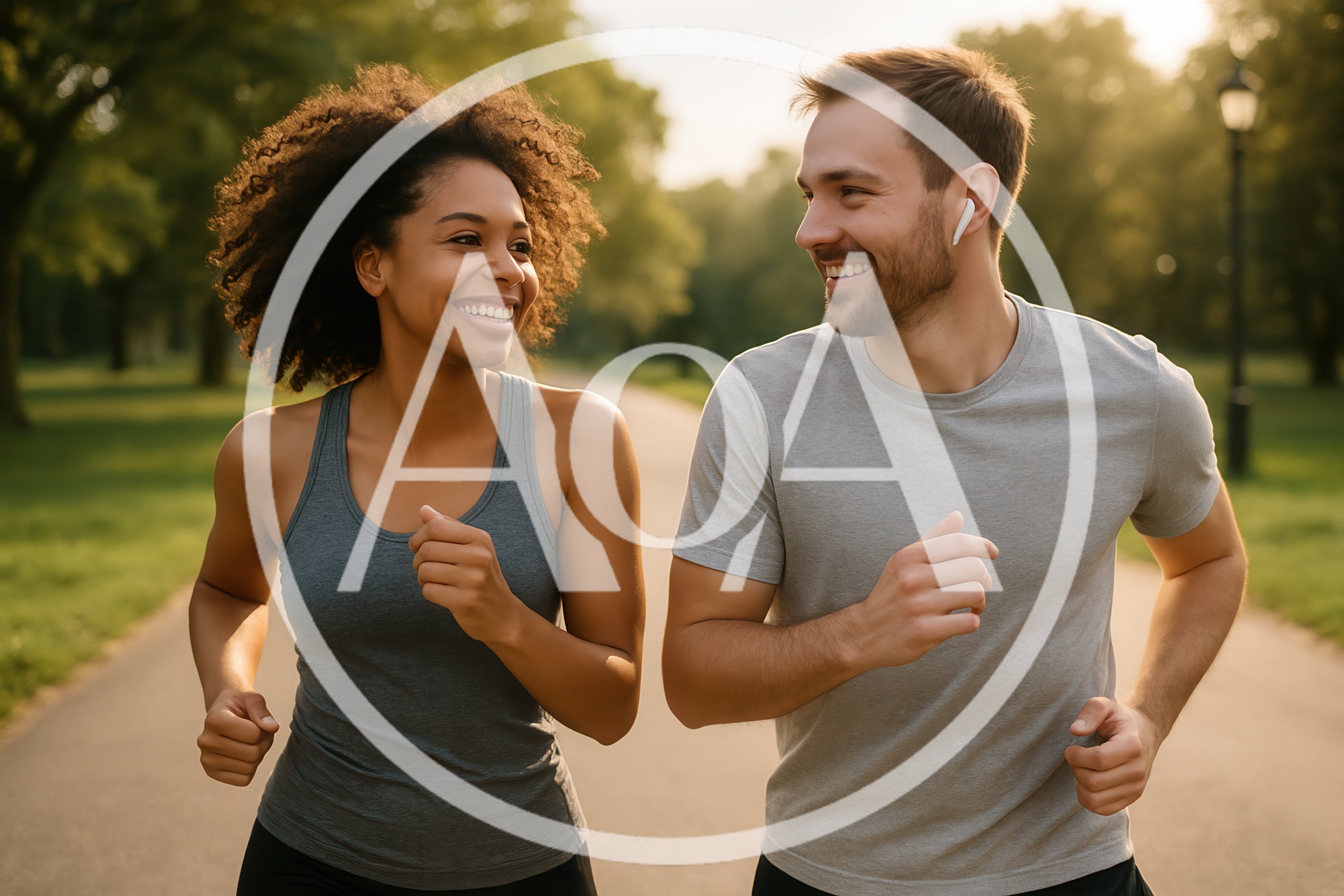 Happy Couple Jogging Together In A Sunny Park