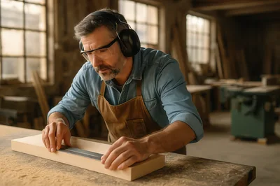 Carpenter Measuring Wooden Plank In Workshop