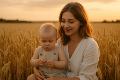 Mother Holding Baby in Golden Wheat Field