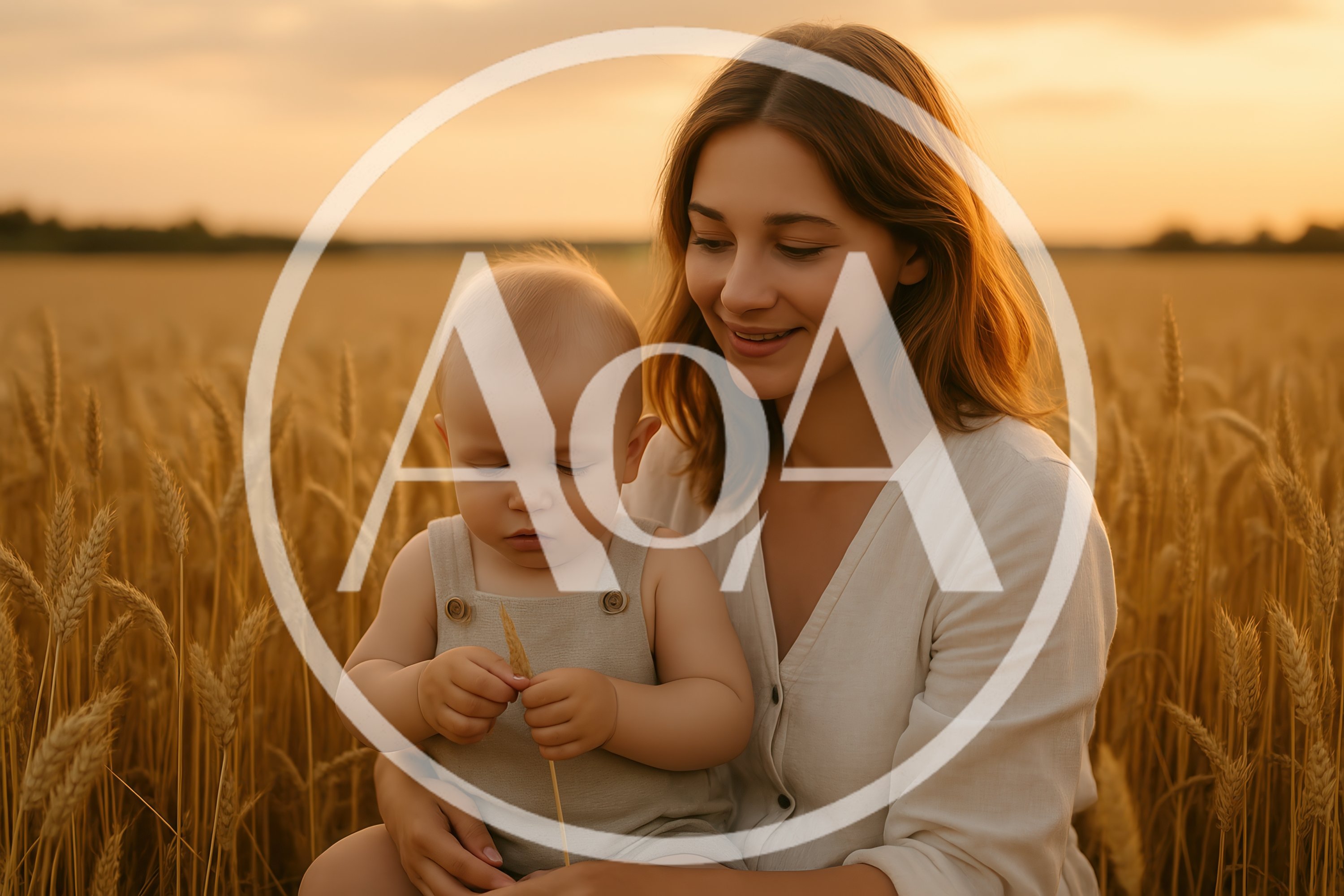 Mother Holding Baby in Golden Wheat Field