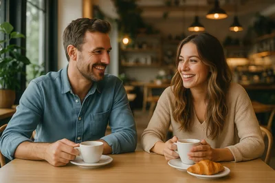 Happy Couple Enjoying Coffee and Conversation in Cafe