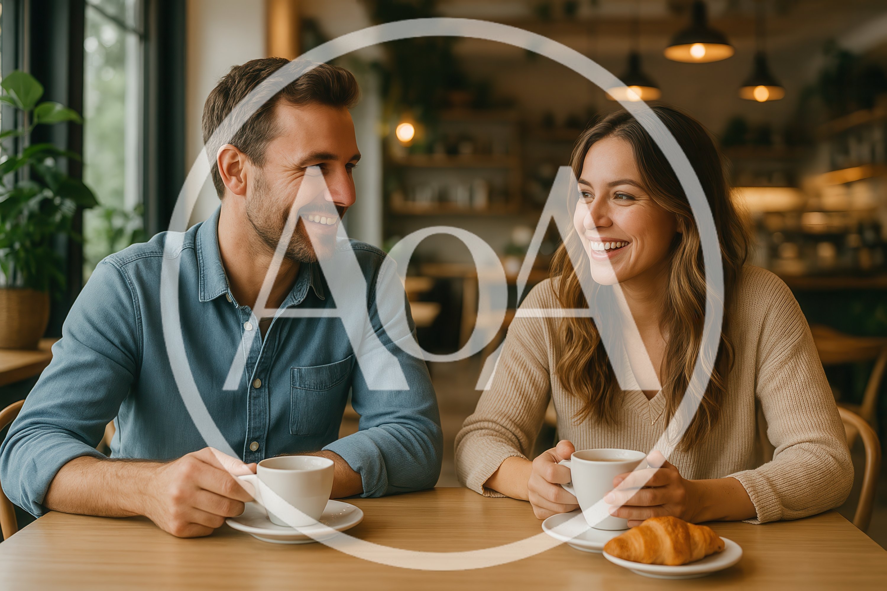 Happy Couple Enjoying Coffee and Conversation in Cafe