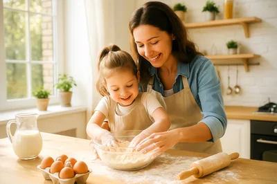 Mother and Daughter Baking Together in Kitchen