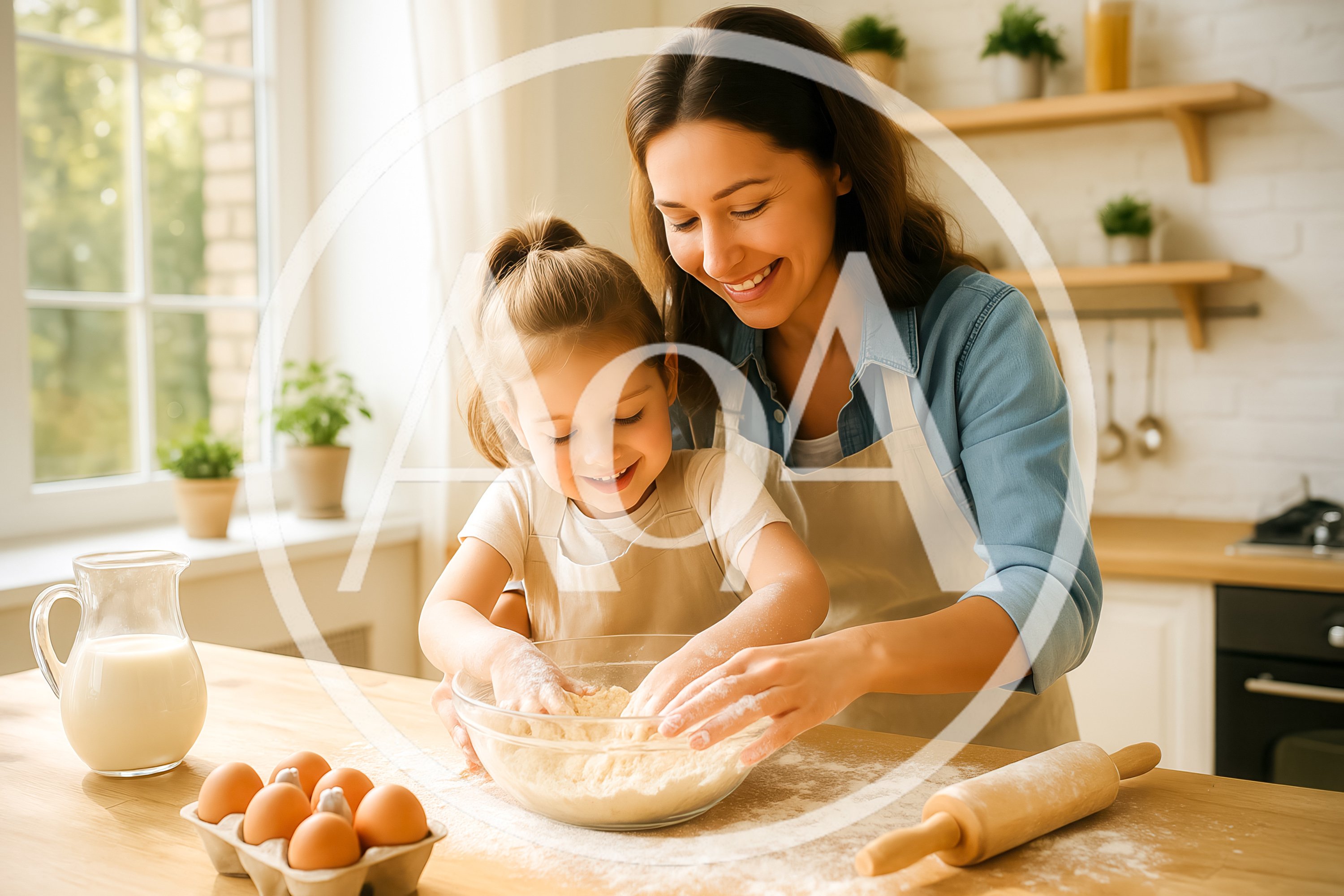 Mother and Daughter Baking Together in Kitchen