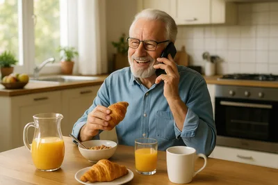 Senior Man Having Breakfast While Talking On Phone