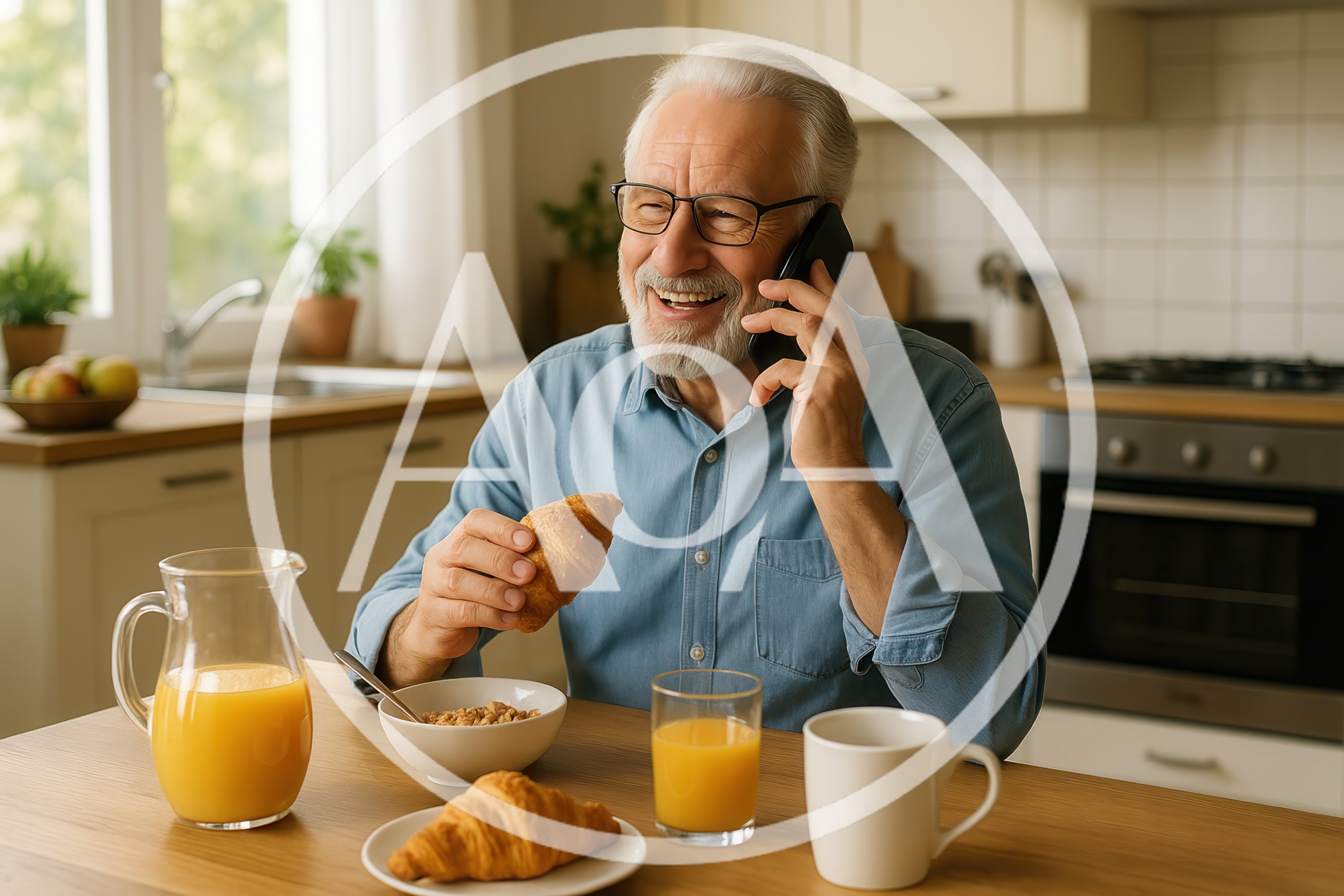 Senior Man Having Breakfast While Talking On Phone
