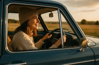 Happy Woman Driving Vintage Car During Golden Hour