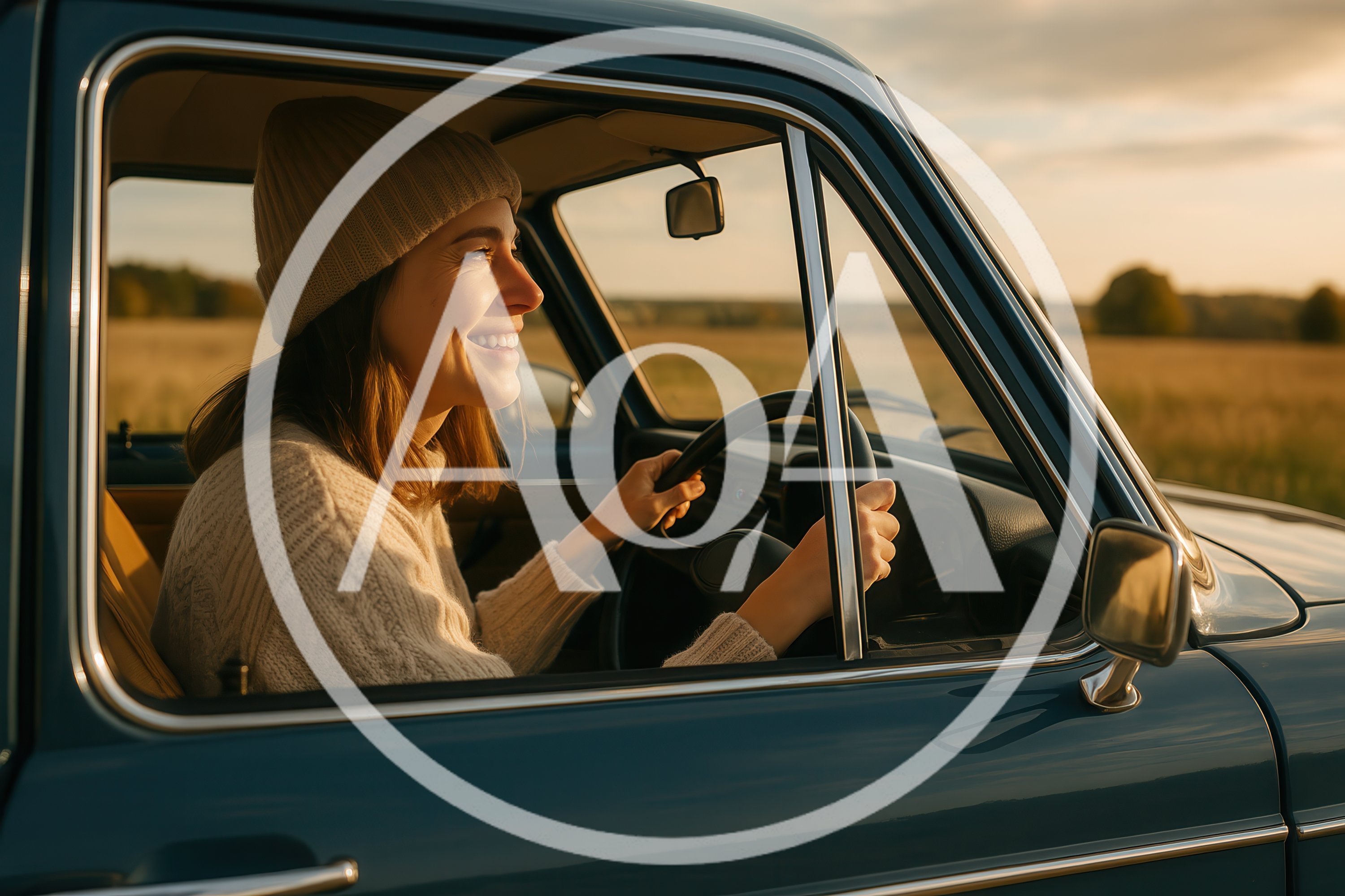 Happy Woman Driving Vintage Car During Golden Hour