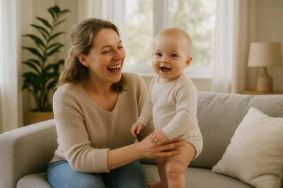 Happy Mother Playing With Her Baby On A Sofa