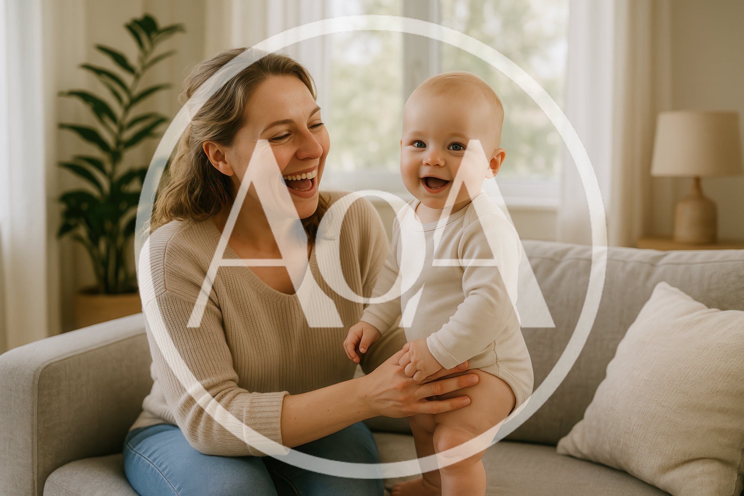 Happy Mother Playing With Her Baby On A Sofa