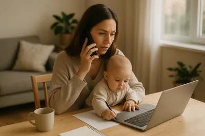 Stressed Mother Working From Home With Her Baby