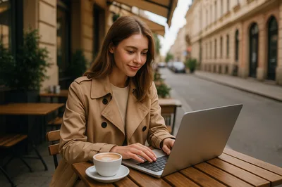 Young Woman Working on Laptop at Outdoor Cafe