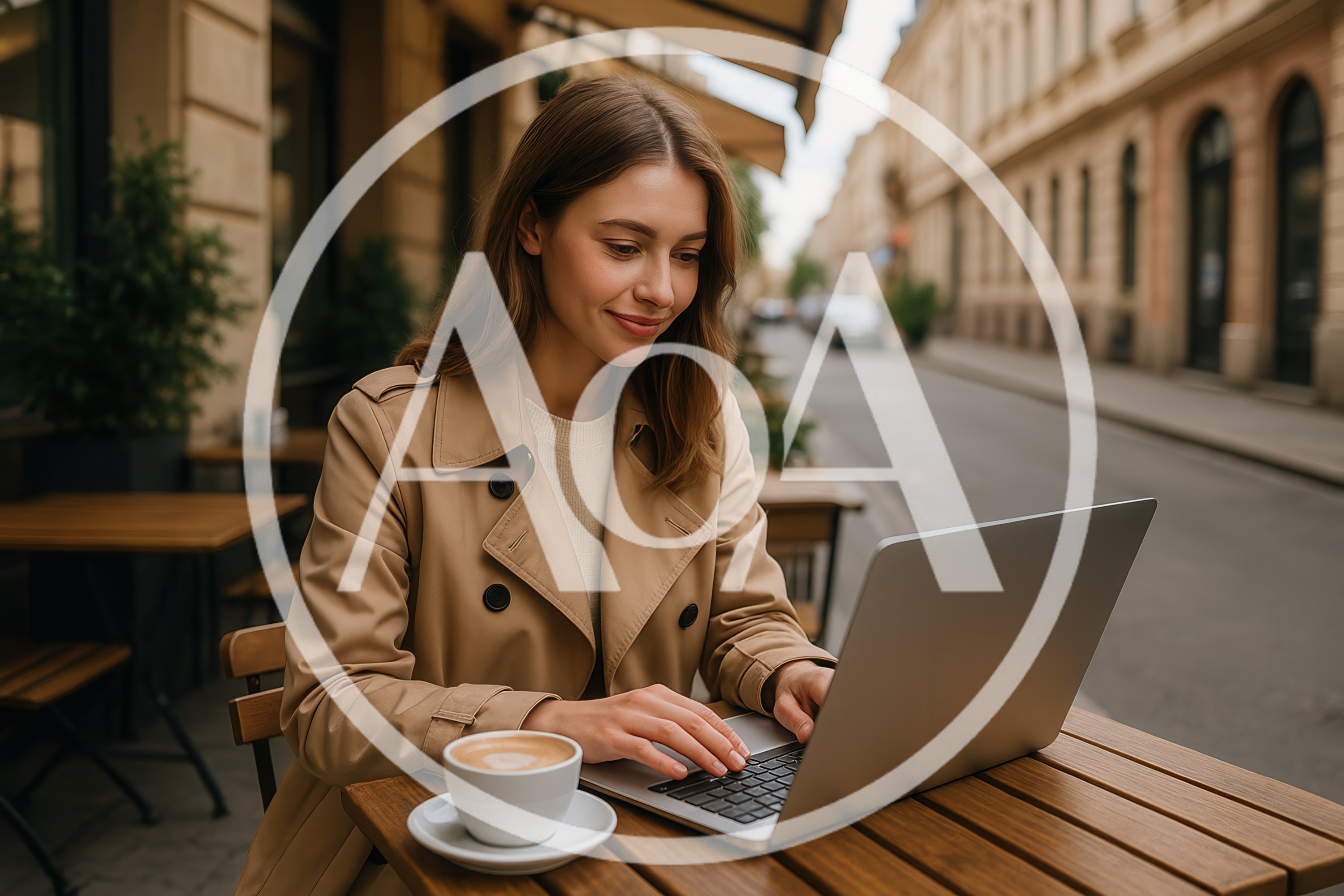 Young Woman Working on Laptop at Outdoor Cafe