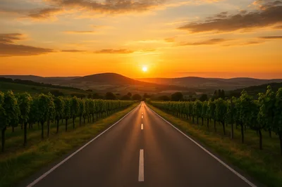 Empty Road Through Vineyard At Sunset