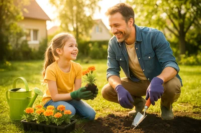 Father and Daughter Planting Flowers in Garden