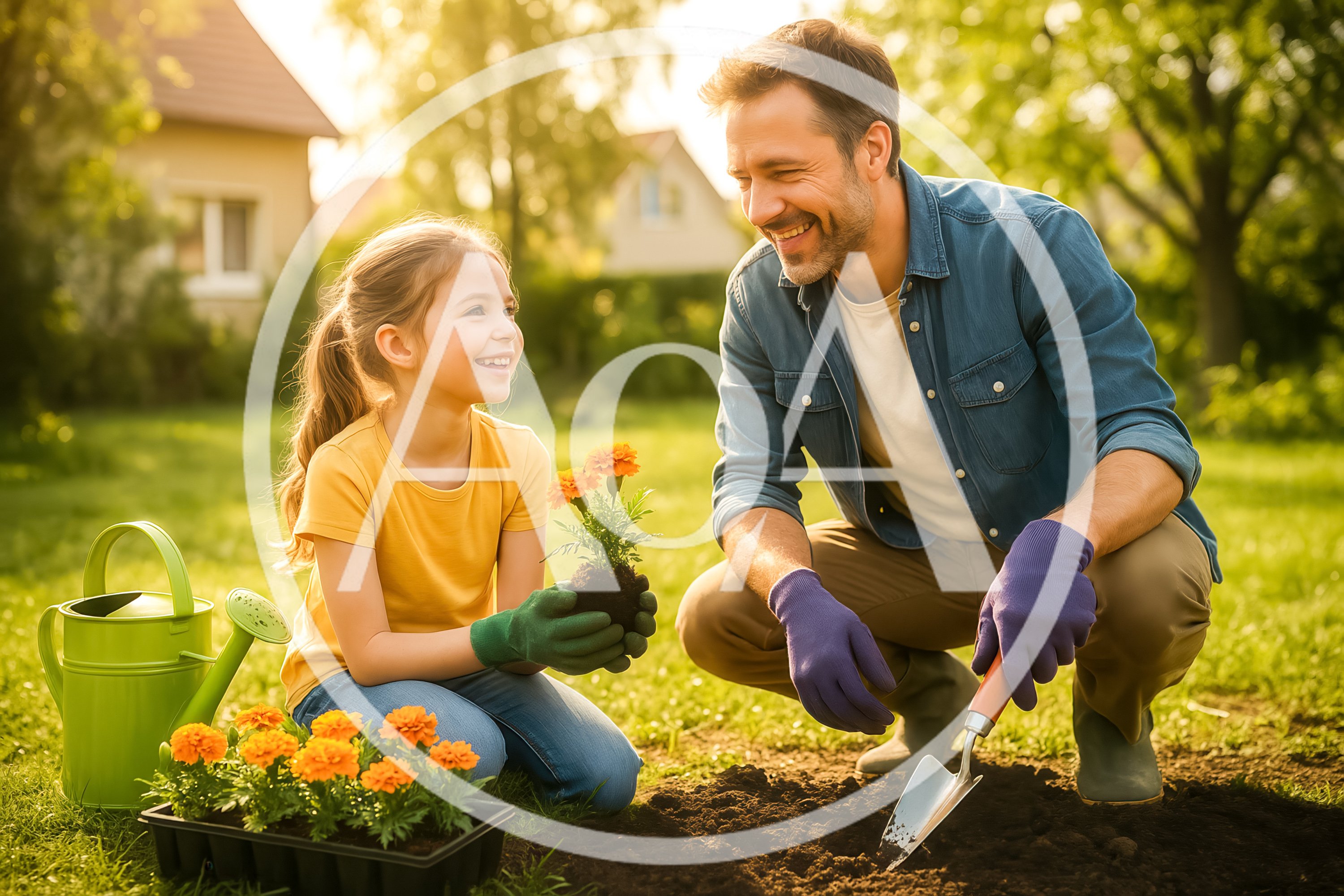 Father and Daughter Planting Flowers in Garden