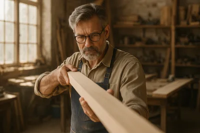 Professional Woodworker Inspecting A Wooden Plank In Workshop