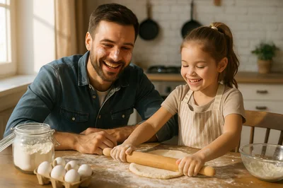 Father and Daughter Baking Together in Kitchen