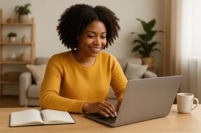 Young Black Woman Working On Laptop At Home