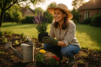 Smiling Woman Gardening With Potted Flowers In Sunny Backyard