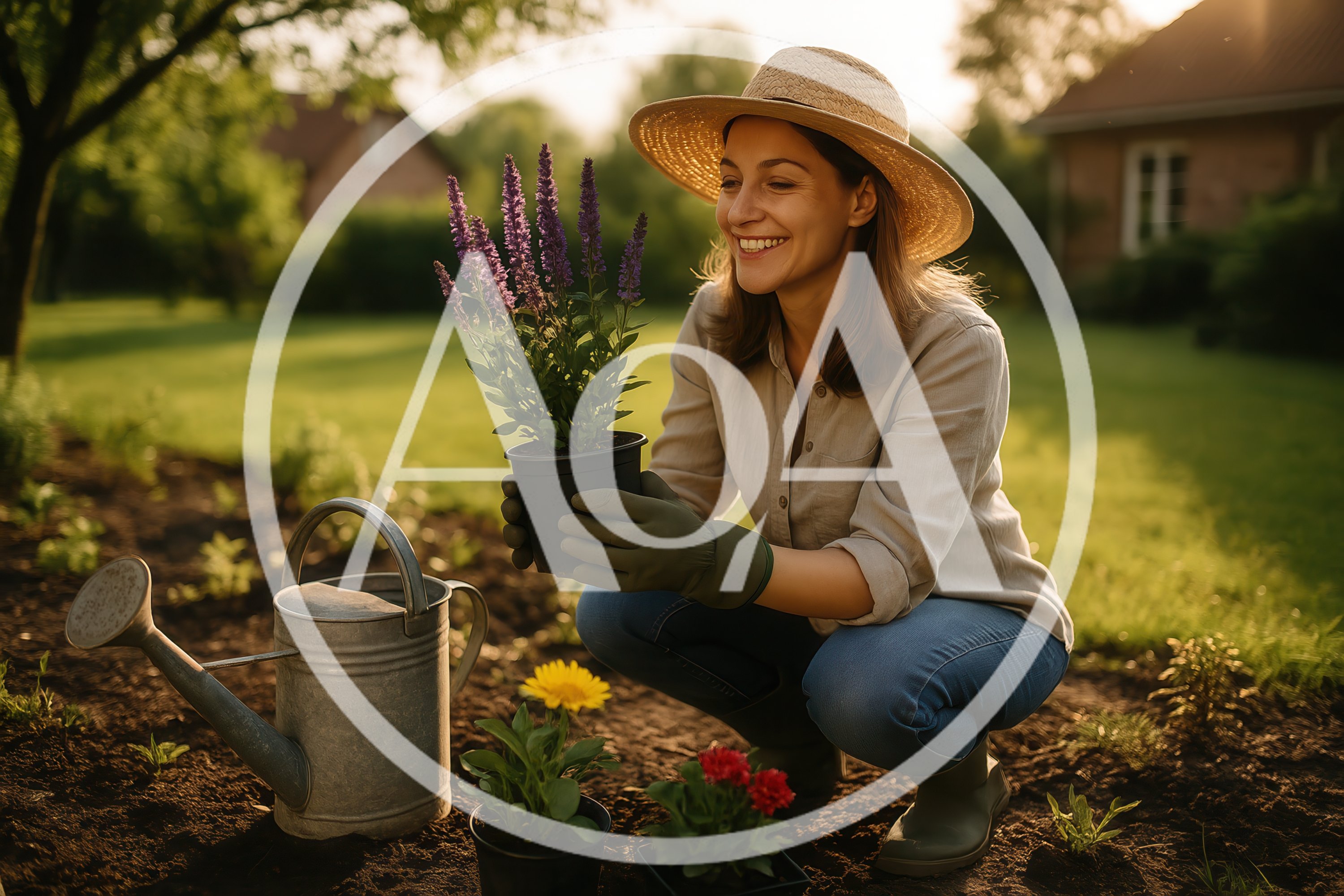 Smiling Woman Gardening With Potted Flowers In Sunny Backyard