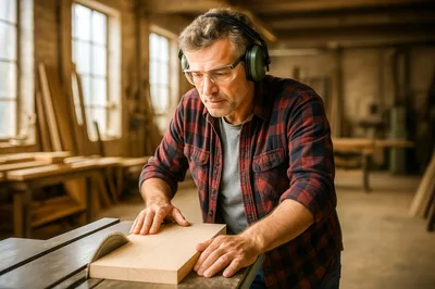 Professional Carpenter Cutting Wood On Table Saw