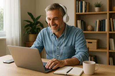 Middle Aged Man Working Remotely On Laptop