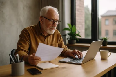 Senior Man Working On Laptop With Documents